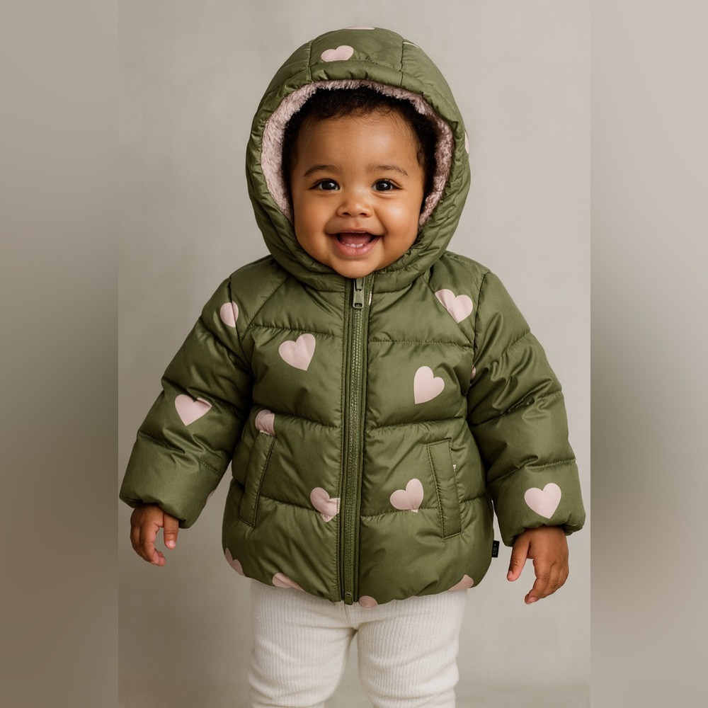 Baby GAP “Cozy Puffer Hearts” Olive Pink Infant Jacket Infant Girl’s 6‑12 Month